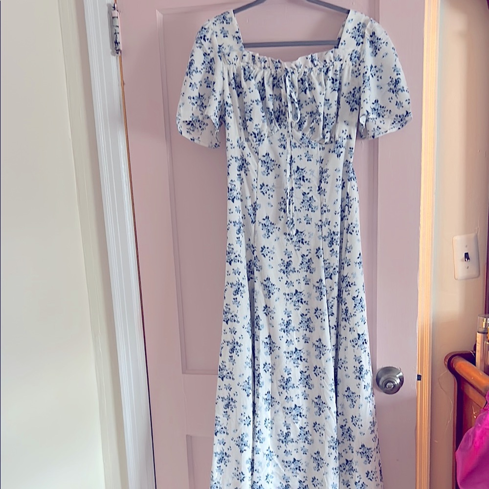 Blue and White Square Neck Maxi Sundress